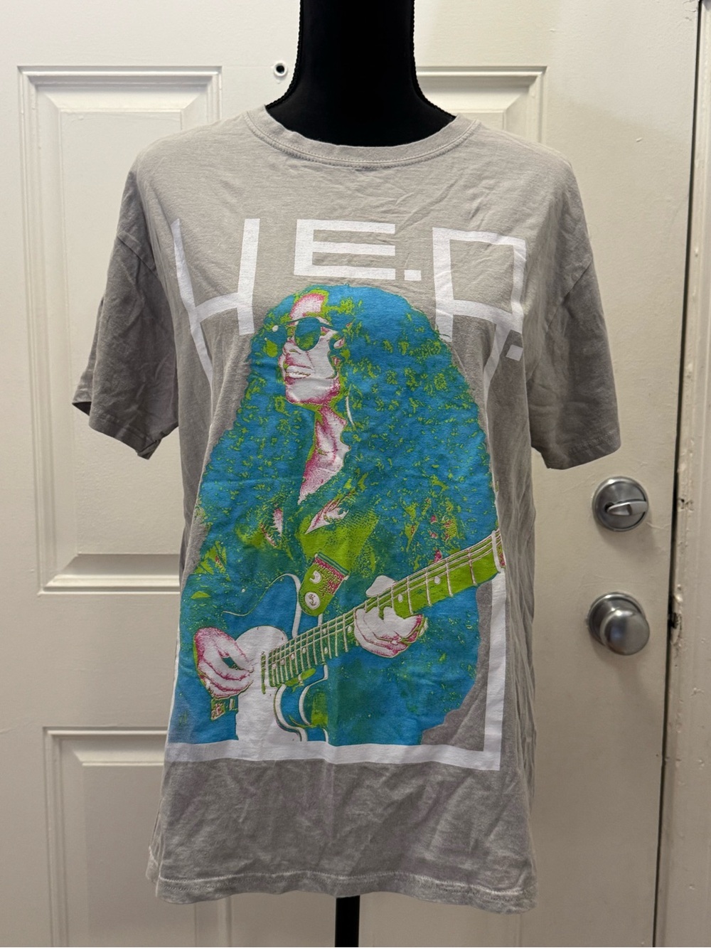 H.E.R. Gray Graphic Tee with Blue-Green Guitarist Print 0021